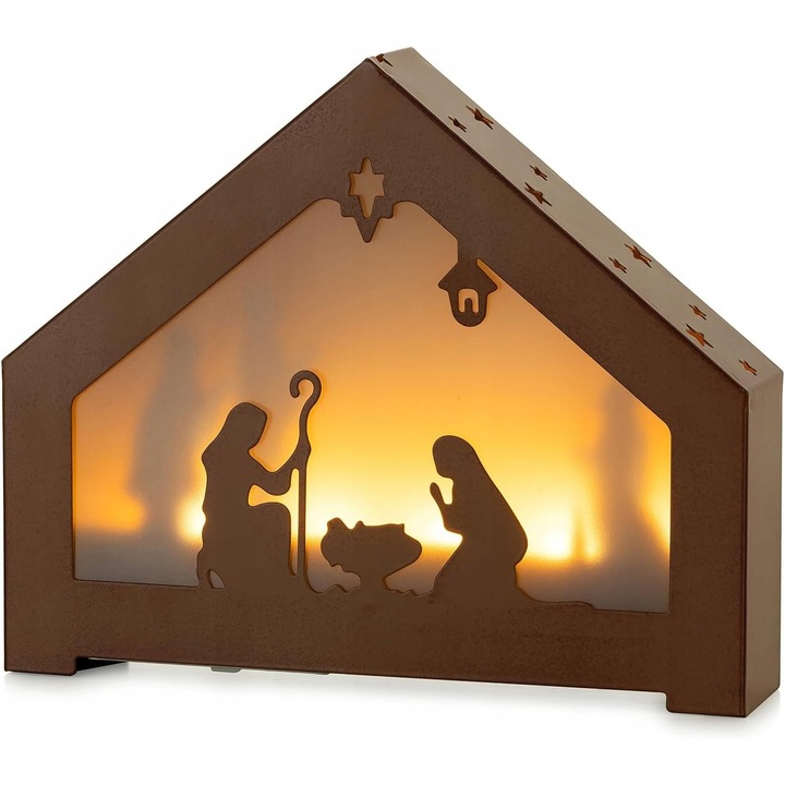 Figurina decorativa Craciun, sopca metalica iluminata LED, stil rustic, dimensiuni 20x4x16,5cm, culoare calda, perfecta pentru cadou