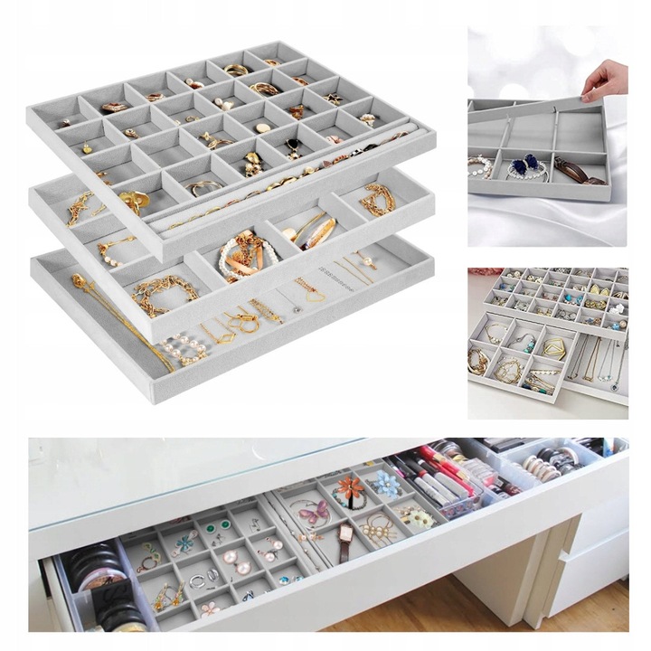 3 darabos ékszerdoboz készlet, minimalista design, 35x24x3cm, kivehető rekeszekkel, többszínű