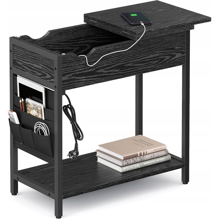 Masa auxiliara, moderna, cu priza USB, neagra, 60x31,5x60cm