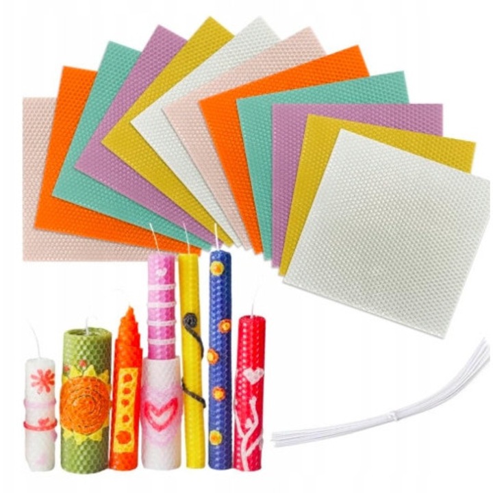 Set DIY pentru productia de lumanari din ceara de albine, 12 placi colorate 20x20cm, material natural, activitati creative