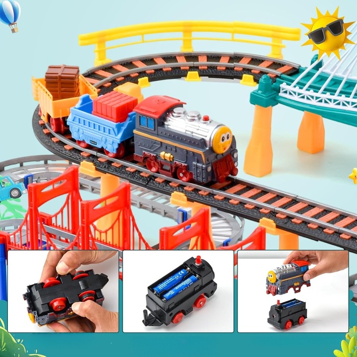 Set trenulete electrice cu autostrada si pod, 140 elemente, 104,5x75x32cm, pentru copii 3-8 ani