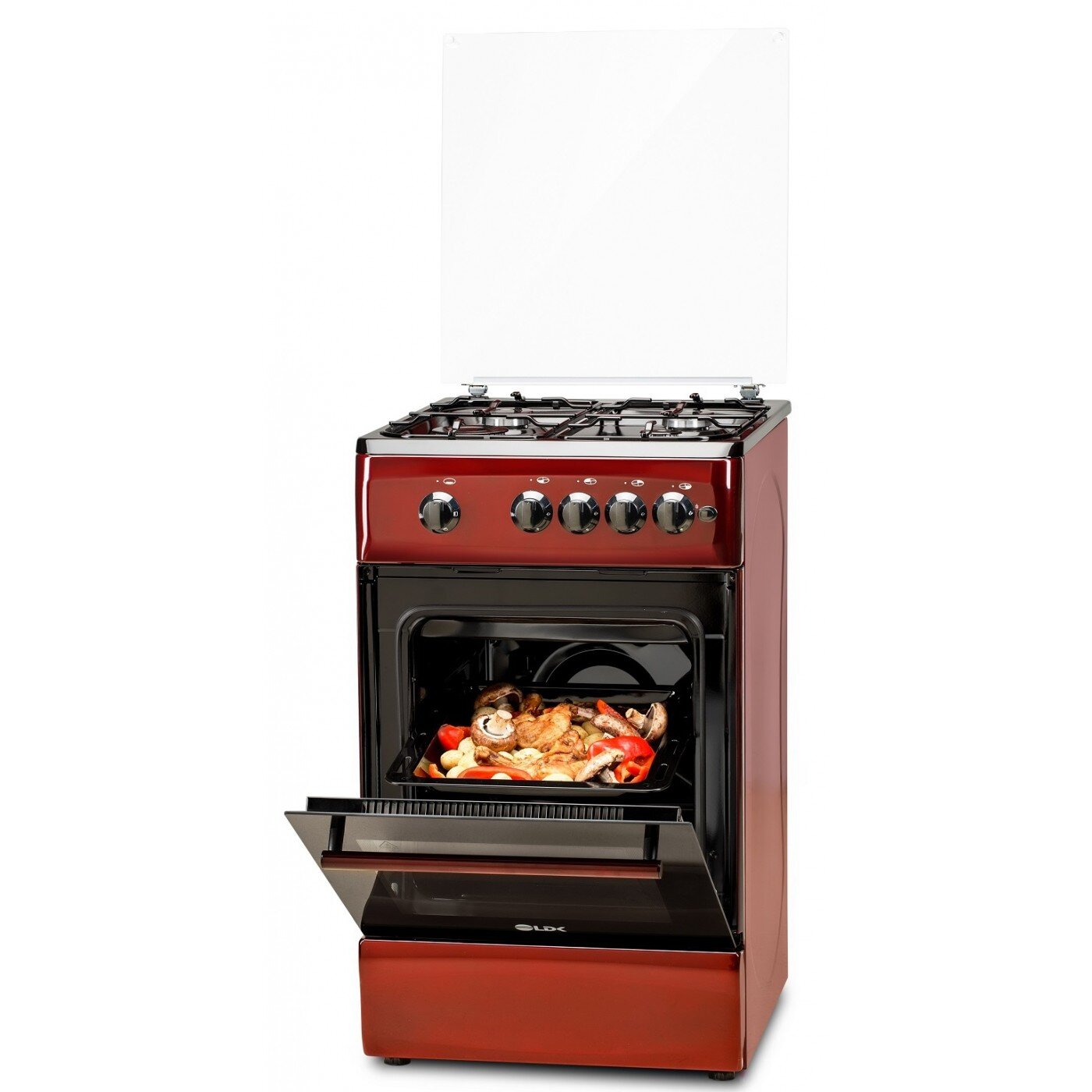 Aragaz LDK 5060 GRAI Bordo RMV, 4 Arzatoare, Siguranta, Grill, Rotisor, Aprindere, Iluminare, Capac sticla, 50 x 60 cm, Bordo