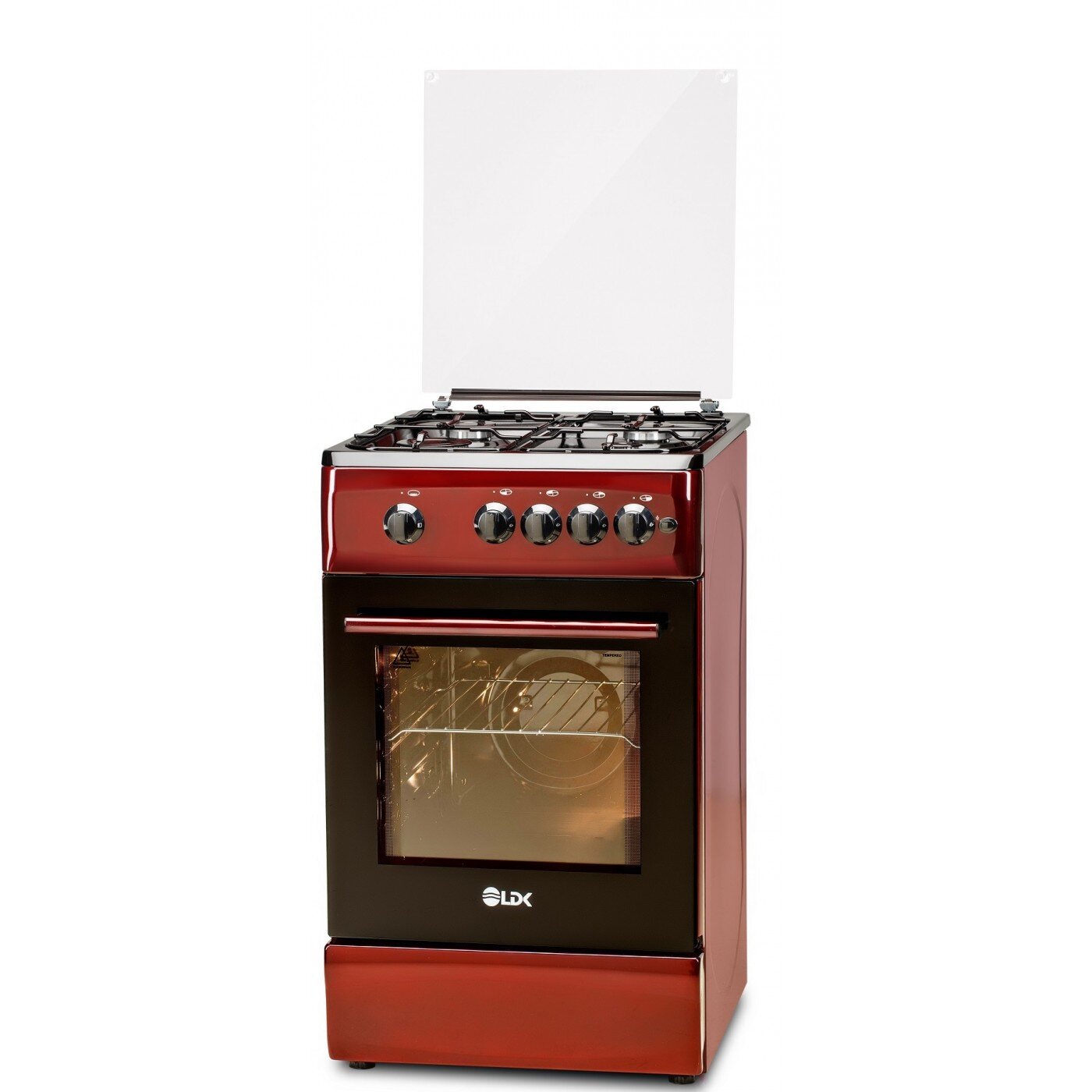 Aragaz LDK 5060 GRAI Bordo RMV, 4 Arzatoare, Siguranta, Grill, Rotisor, Aprindere, Iluminare, Capac sticla, 50 x 60 cm, Bordo
