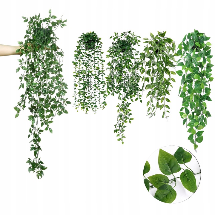 Set 4 plante artificiale suspendate, mandala, eucalipt, stracos, potos, verde, 70cm