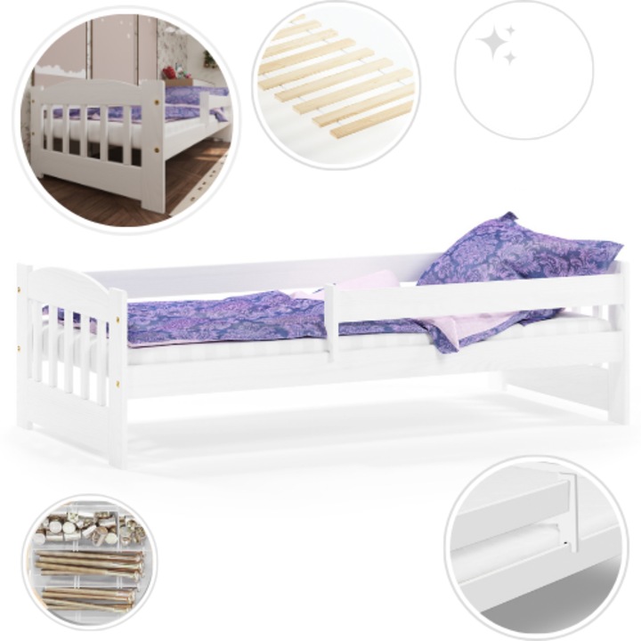 Pat copii Luna, 100% lemn masiv de pin, alb, 184x87x54cm, cu barieră de protecție