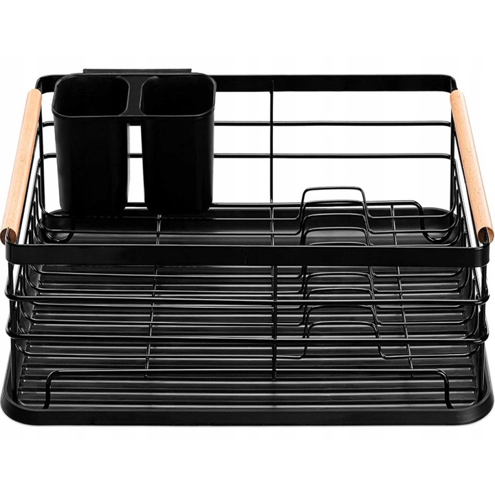 Edényszárító, miOwi, loft, fém, fekete, 43x32x14,5cm, készlet tálcával és evőeszköztartóval