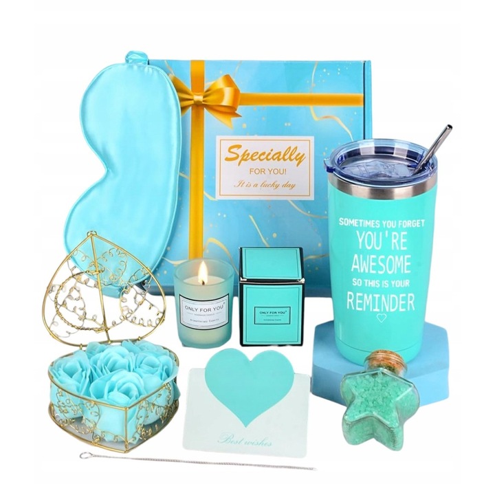 Ajándékszett nőknek, 7 darabos, illatos gyertyák, fürdősók, szappanos virágok, maszk, 20 oz-os bögre, kék, 25,5x15x8cm