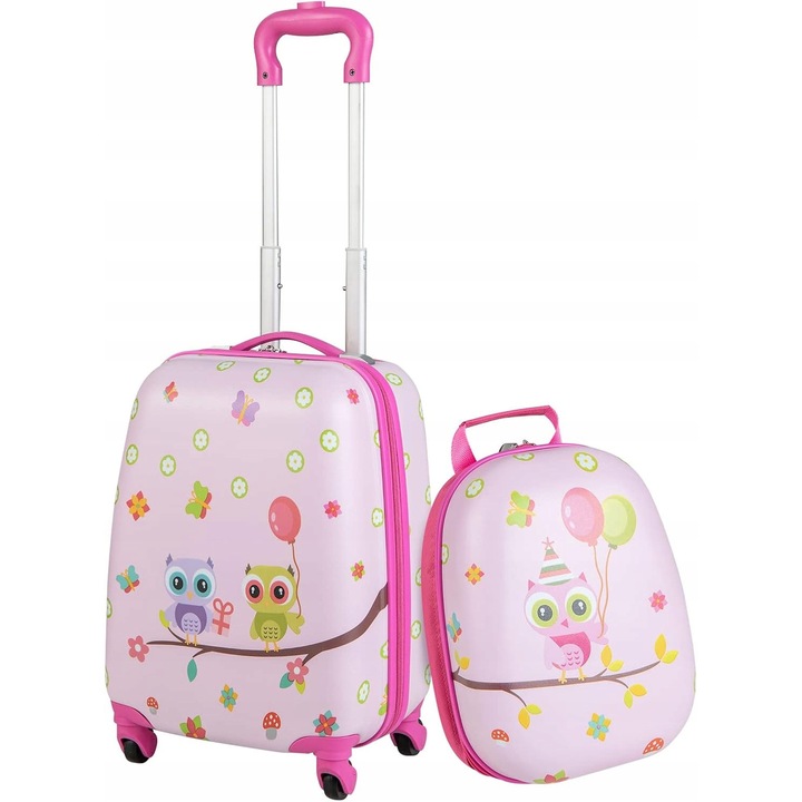 Set valiza si rucsac pentru copii, roz, 33x21,5x51cm, 25,5x10x32cm