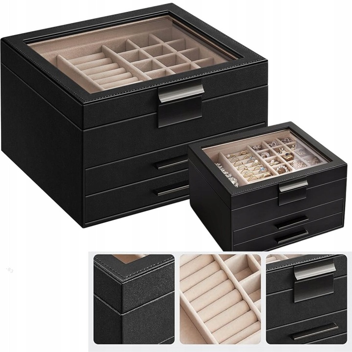 Кутия за бижута, 3 нива, черна, 13,5x23,1x20,3см