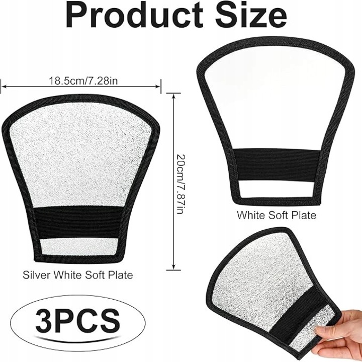 Set 3 difuzoare universale 2 in 1 pentru lampa de blitz, design compact, culoare argintie, dimensiuni variate