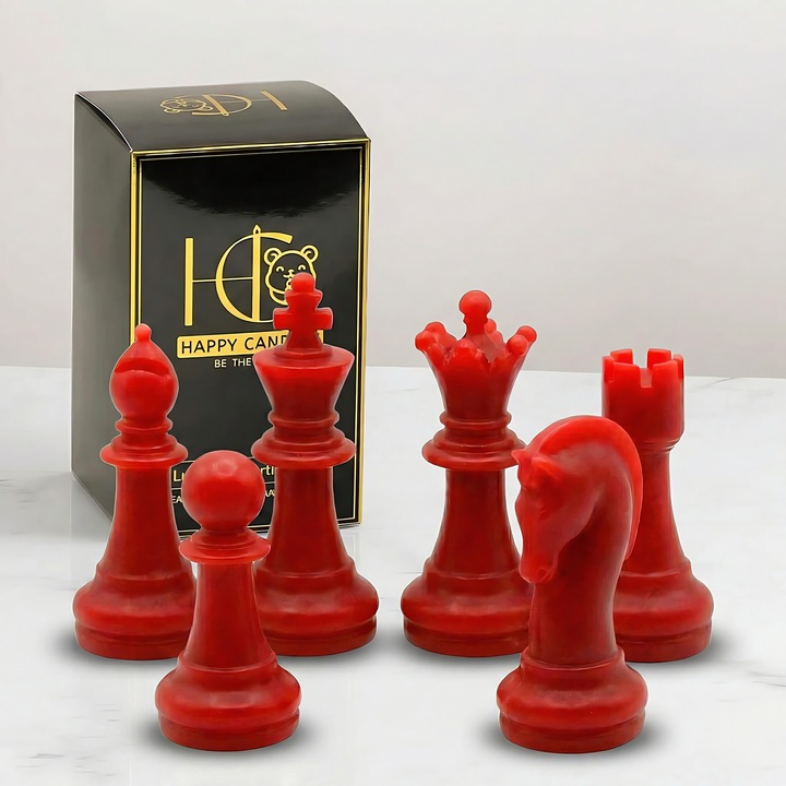 Декоративни свещи от естествен пчелен восък, Happy Candles, Комплект Шах 6 части, Червен, Ръчна изработка, 200гр