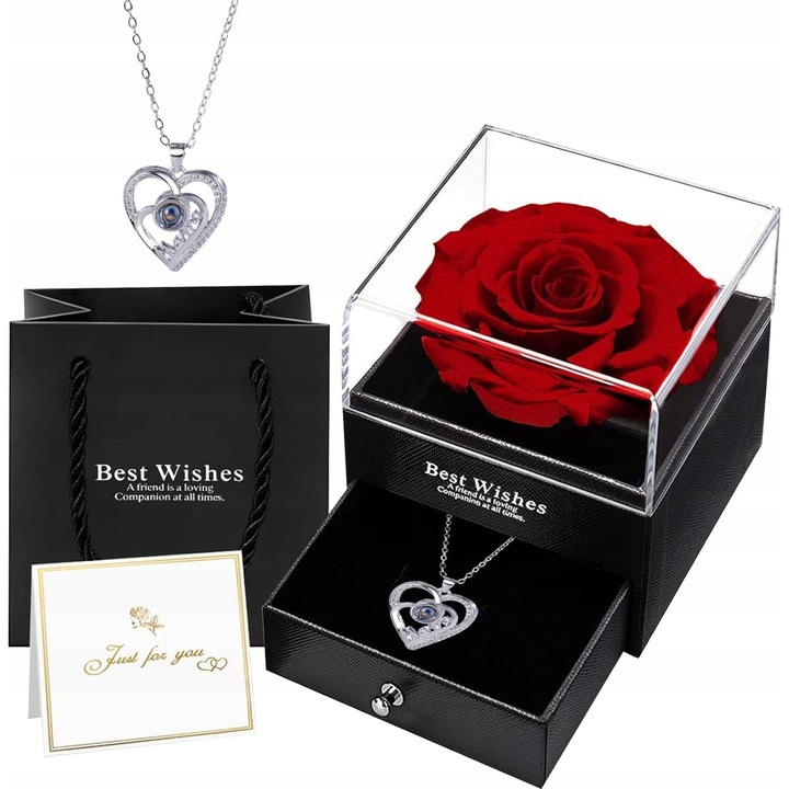 Set cadou cu trandafir etern si lantisor "I love you", multicolor