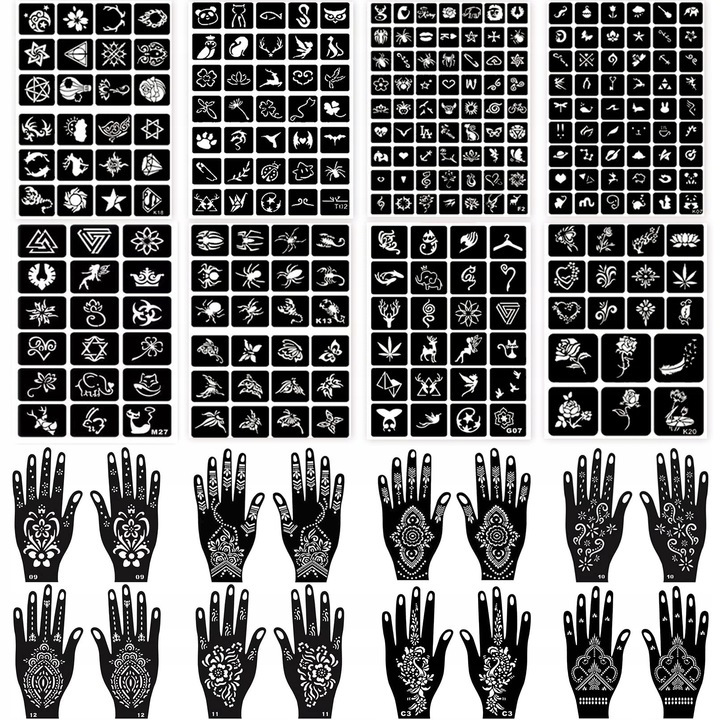 Set de 24 sabloane tatuaje temporare henna, modele diverse, multicolor, pentru femei si copii