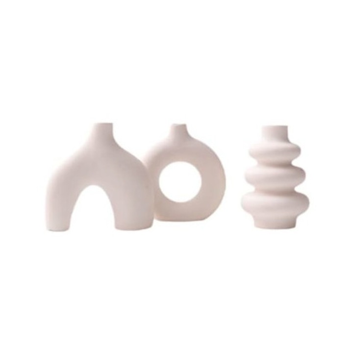Set 3 vaze ceramice albe rotunde stil boho modern, 14,5x14,5cm
