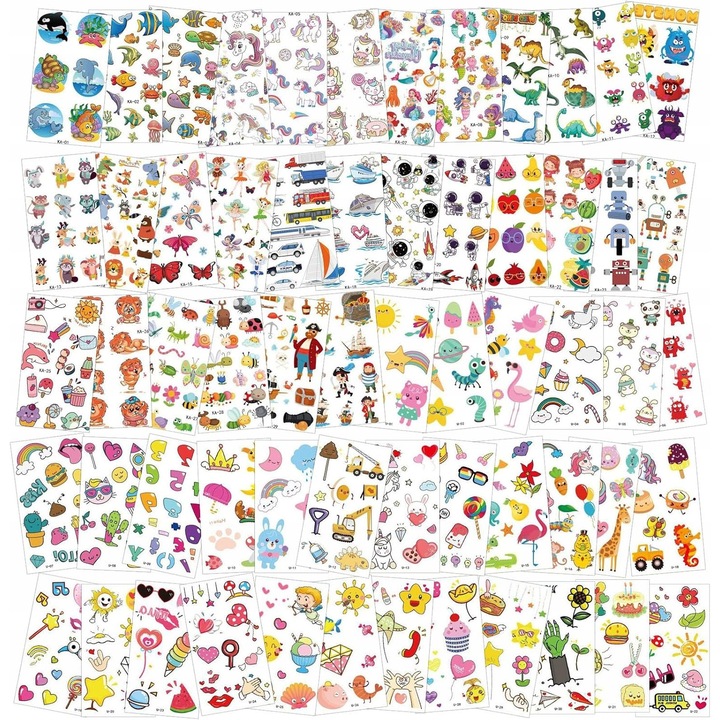 Set tatuaje temporare pentru copii, 60 foi mix de modele, unicorni, dinozauri, sirene, multicolor