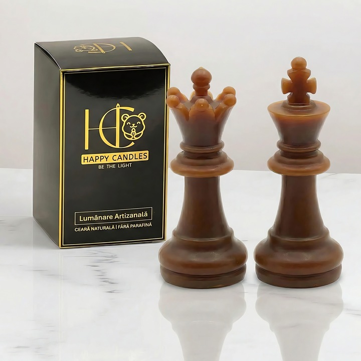 Декоративни свещи от натурален пчелен восък, Happy Candles, Комплект шах Цар и Царица, Шоколадово кафяво, Ръчна изработка, 66гр