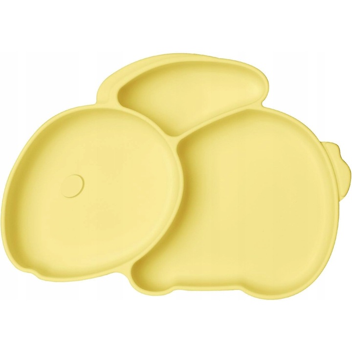 Szilikon tányér babáknak, nyuszi design, csúszásmentes, sárga, kanállal és villával szettben