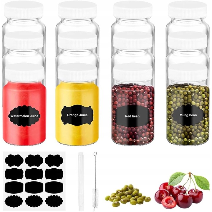 Set 12 mini butelci din sticla transparente 60 ml cu capac si etichete, pentru sucuri, sosuri, gemuri, reutilizabile