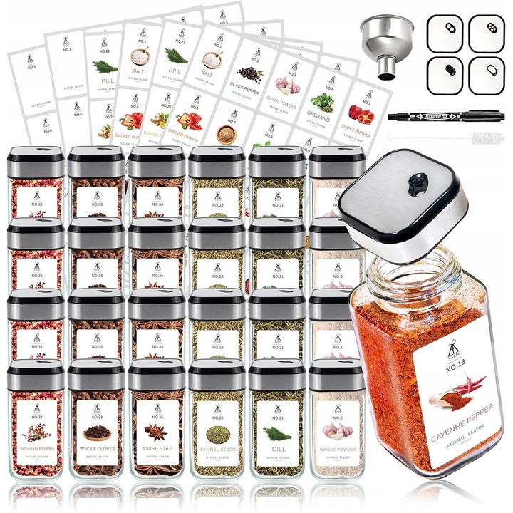 Set 24 borcane condimente 120ml, hermetice, cu dozator 360, forma kwadrat, sticla