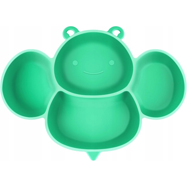 Szilikon tányér babáknak tapadókoronggal, méhecske design, zöld, kanál és villa szettel