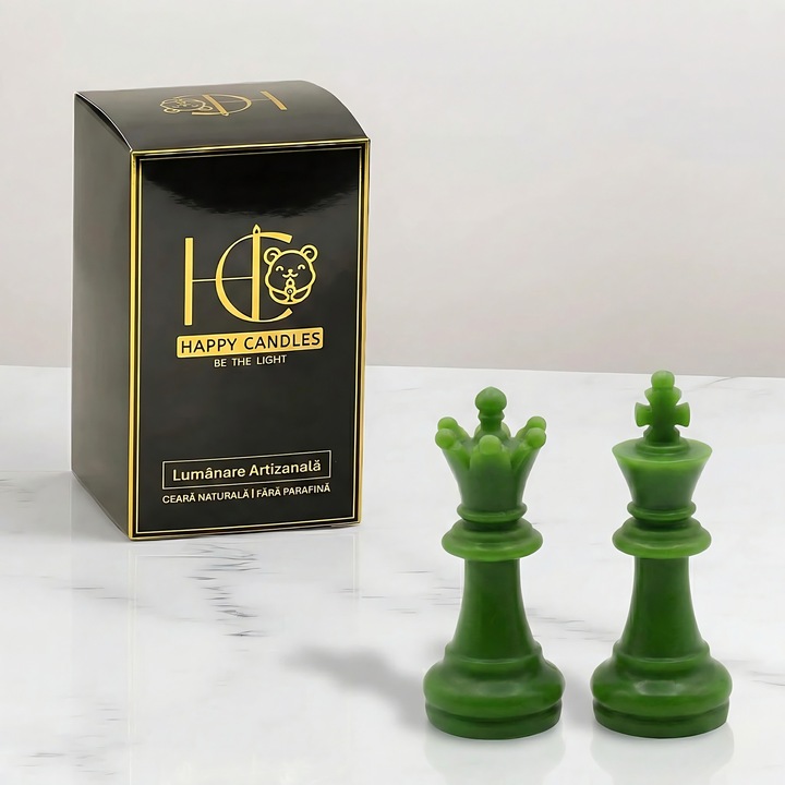 Декоративни свещи от естествен пчелен восък, Happy Candles, Комплект шах Цар и Царица, Лайм, Ръчна изработка, 66гр