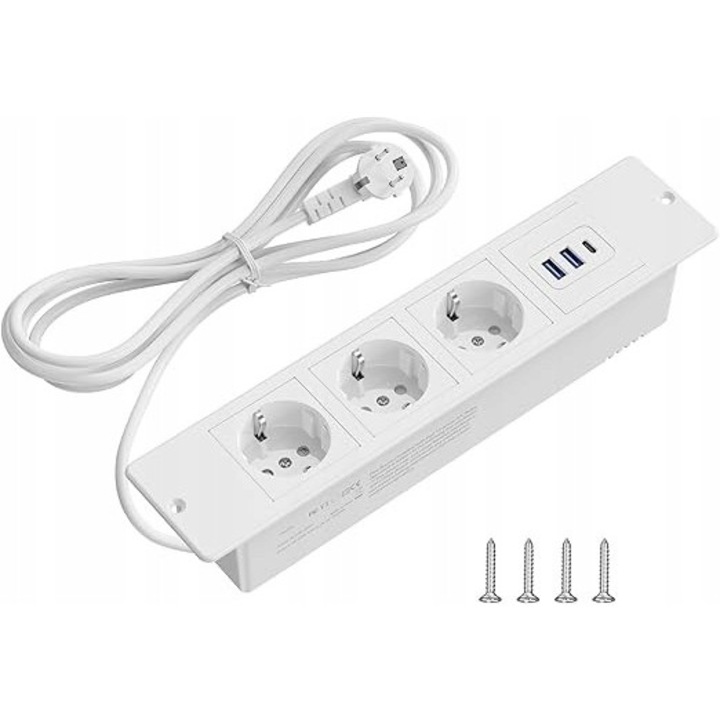 Priza electrica incastrata, 2 porturi USB, 2 porturi tip C, 3 prize, cablu 2m, alb