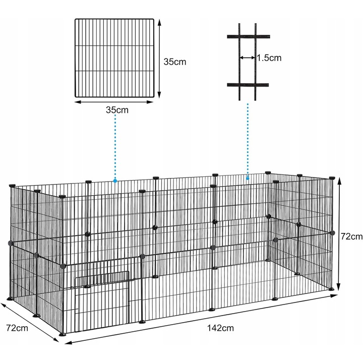 XXL nyúlketrec, 142x72x72cm, ajtókkal, fekete