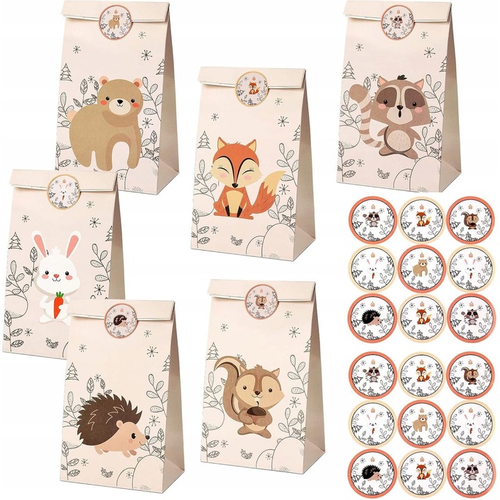 Комплект от 12 торбички за подаръци с животни, 22x12x8см, 6 модела