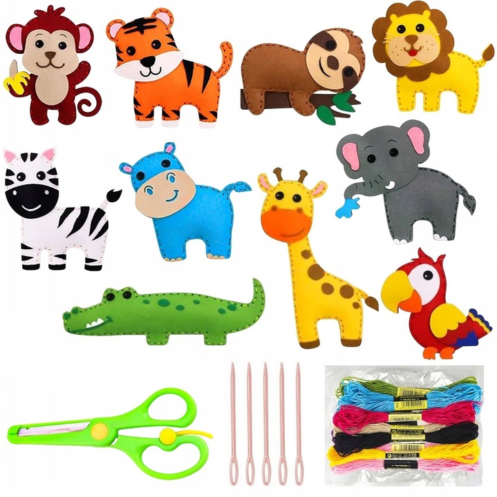 Set de artizanat pentru copii, 10 modele animale din fetru, materiale de calitate, multicolor