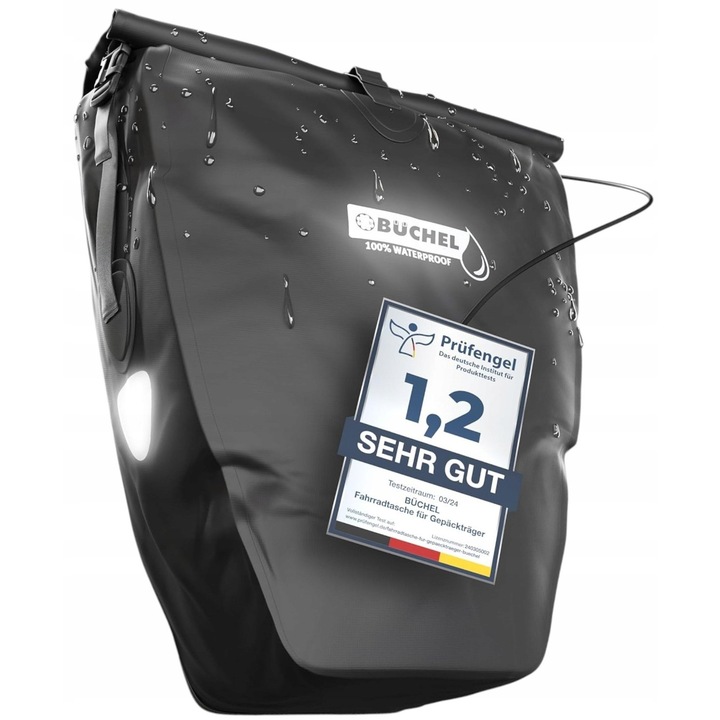 Geanta bicicleta impermeabila Buchel 25,4L, neagra, cu reflectoare, 2 in 1