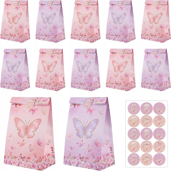 Комплект от 12 подаръчни торбички, дизайн пеперуди, 13x8x22см