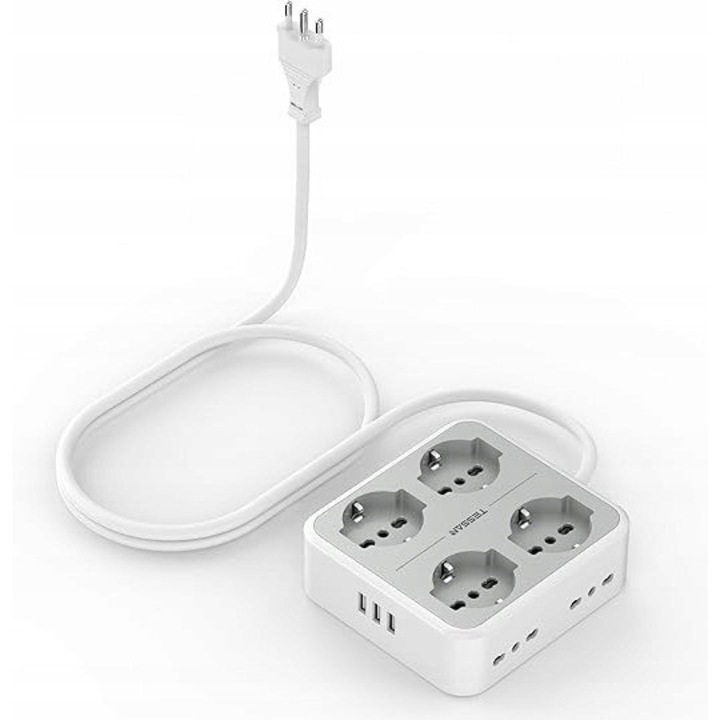Prelungitor TESSAN 3680W, 4 Schuko, 4 porturi USB, 2m, cu intrerupator