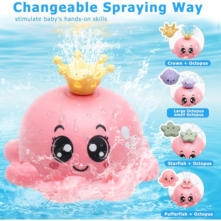 Fürdőjáték szett, rózsaszín polip, zene, LED, 4 cserélhető fej, 10,3x9,7x11,4cm