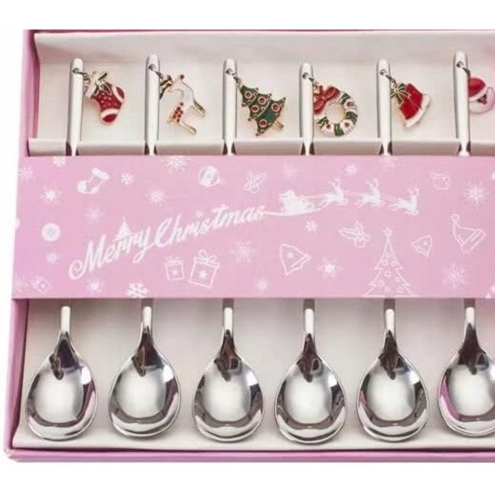 Set 6 lingurite decorative din otel inoxidabil, argintii, 14cm, stil sarbatoresc