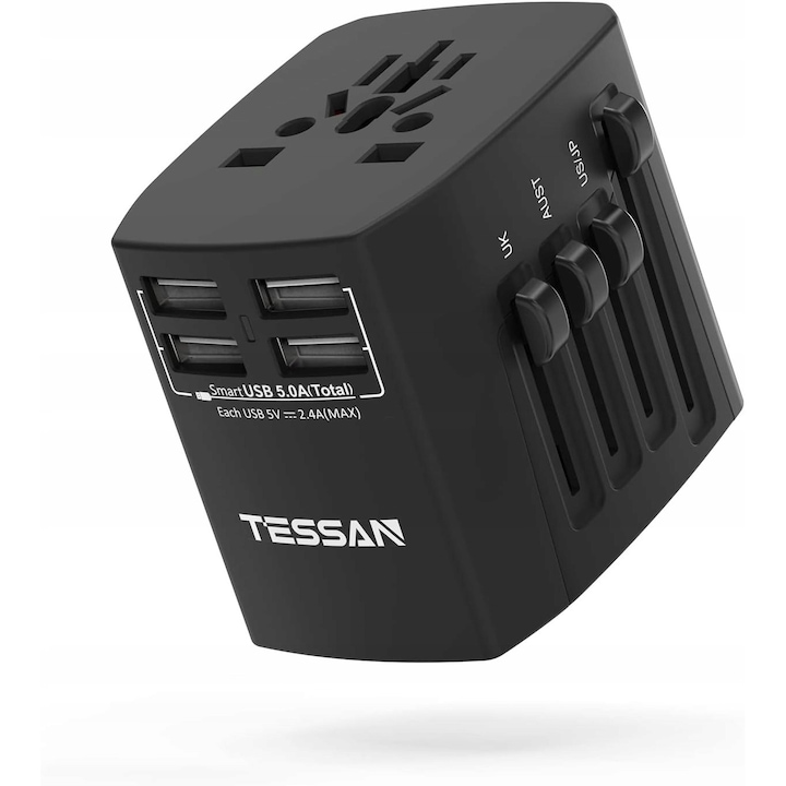 Adaptor de calatorie 5 in 1, Tessan, 3 guri AC, 1 port USB-C, 1 port USB-A, compact, 8x6cm