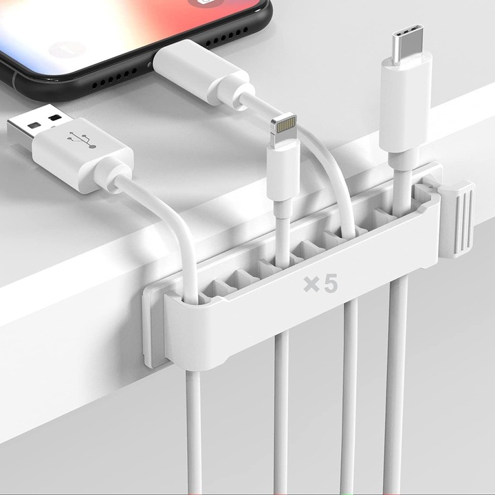 Set organizatoare cabluri autoadezive, 5 bucati, alb, dimensiune 13x20x85mm
