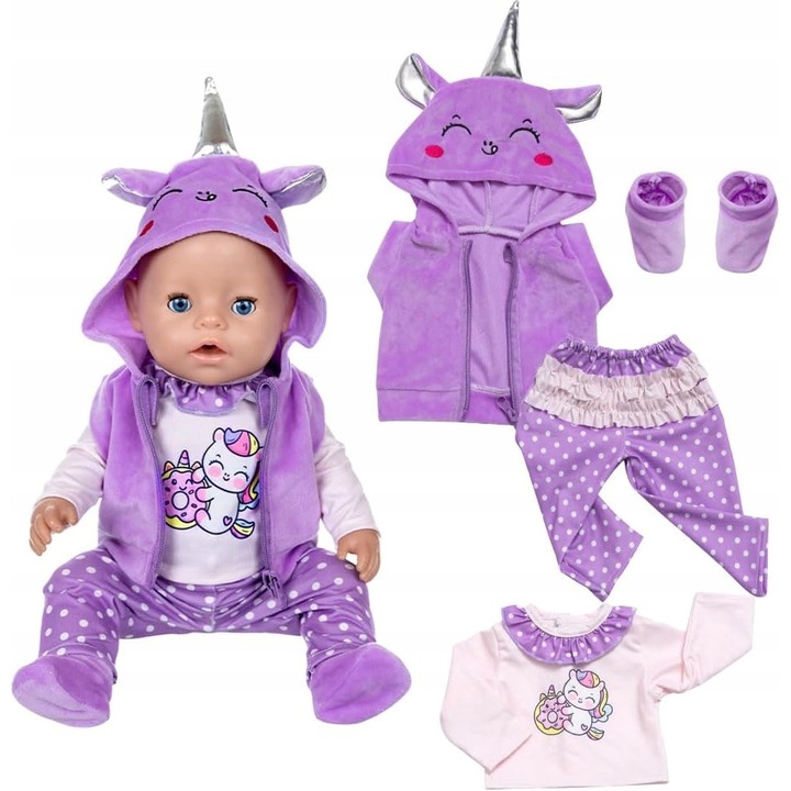 Set de imbracaminte pentru papusi, liliac, 36-43 cm, bluza cu gluga, pantaloni, incaltaminte