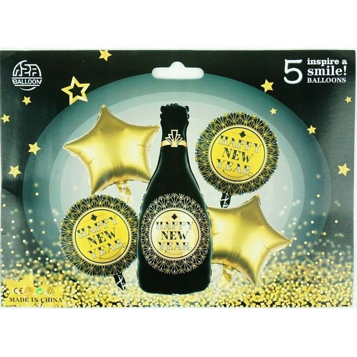 Happy New Year léggömb szett, 5 darabos, pezsgős léggömb 81x42cm, 2 kerek léggömb 43cm, 2 arany csillag léggömb 45cm