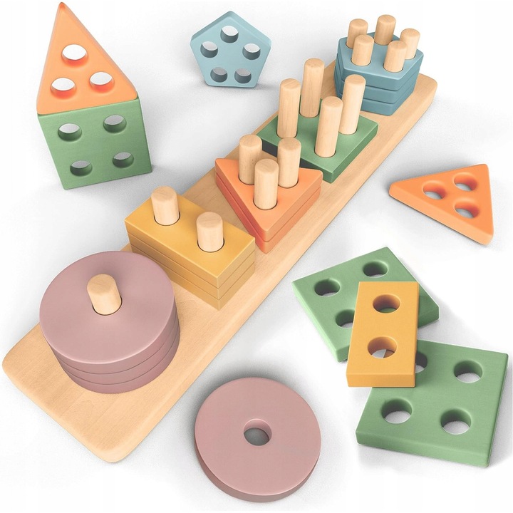 Puzzle Montessori, 20 elemente, forme geometrice, culori pastelate, 12 luni+