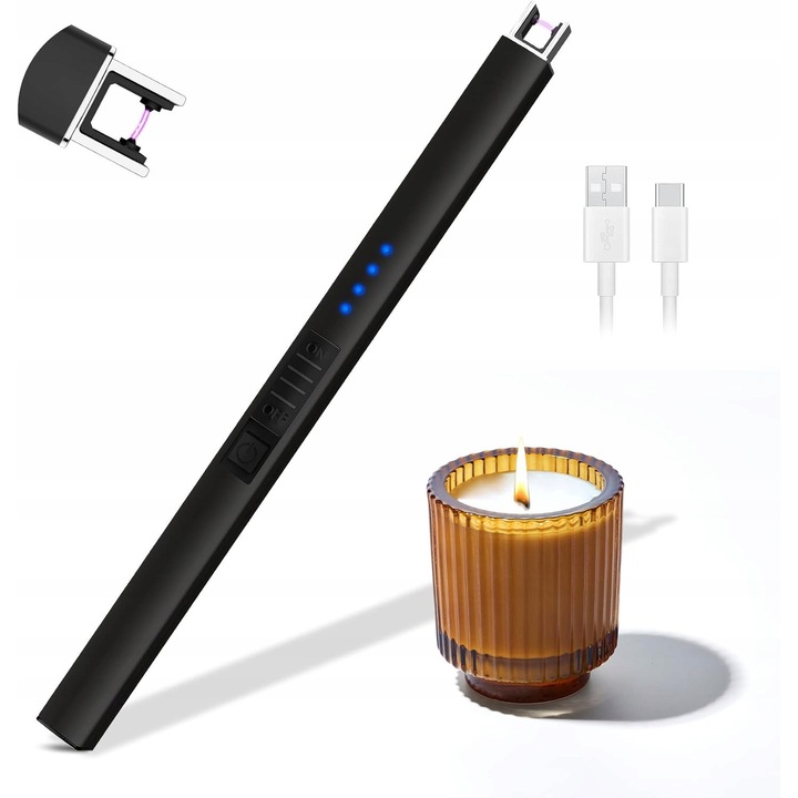 Bricheta electrica fara flacara, lunga, USB, rezistenta la vant, neagra