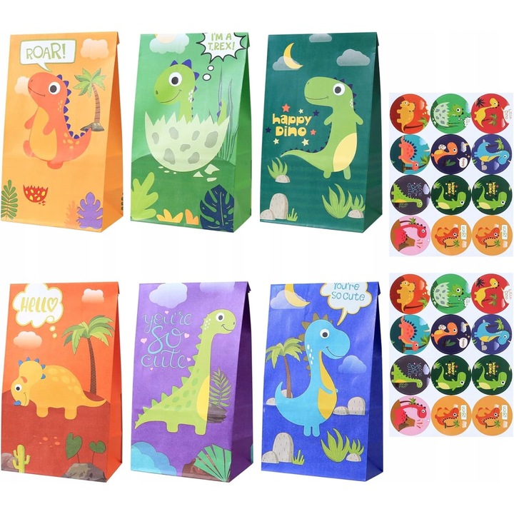 Комплект от 18 подаръчни торбички с динозаври, 24 стикера, размер 22x12x8cm, екологични