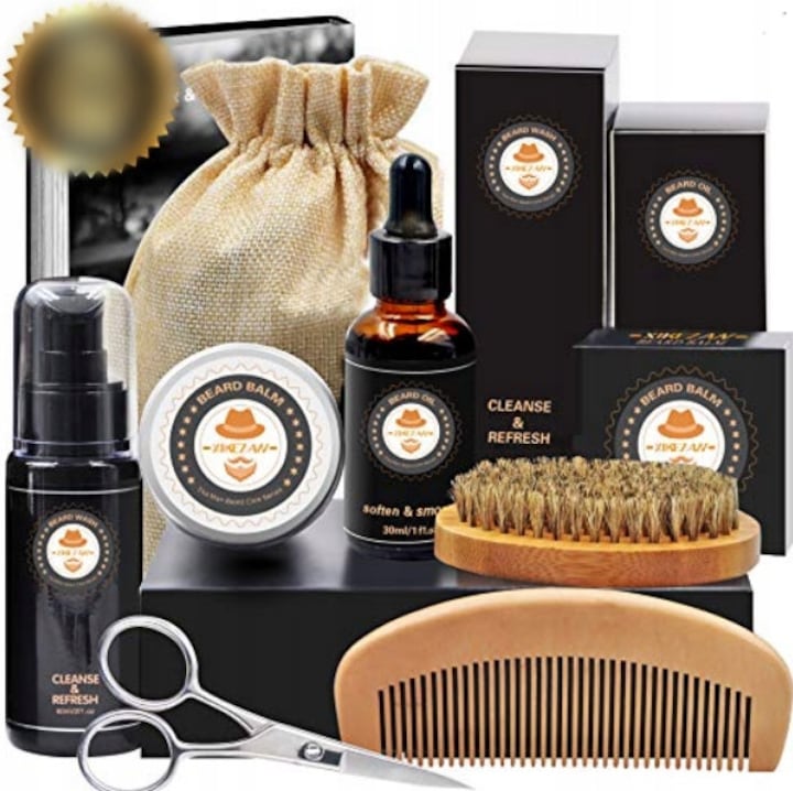 Set de ingrijire a barbii Xikezan, 10 elemente, ulei 20ml, balsam 40g, pieptene, perie, foarfece, roller
