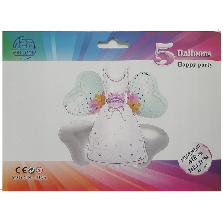 Esküvői lufi szett, PartyPal, 1 ruha lufi, 2 ezüst szív lufi, többszínű, 71x45cm, 45cm