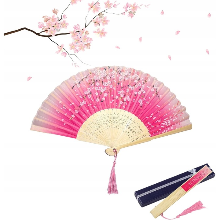 Vintage dizájnú bambusz legyező, 21 cm, dísztáskával együtt