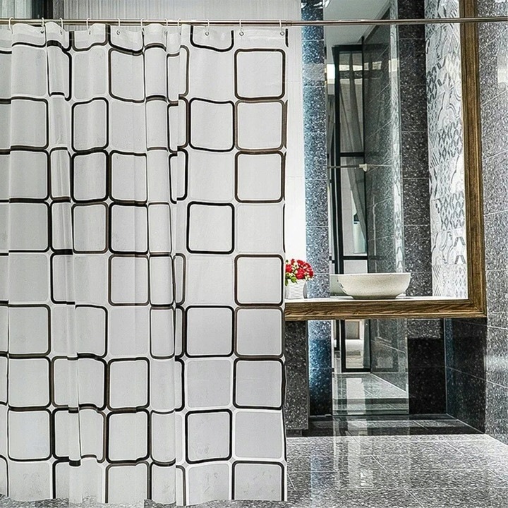 Perdea de dus 180x180cm, poltransparenta alba cu geometrice, set cu 12 haciuci