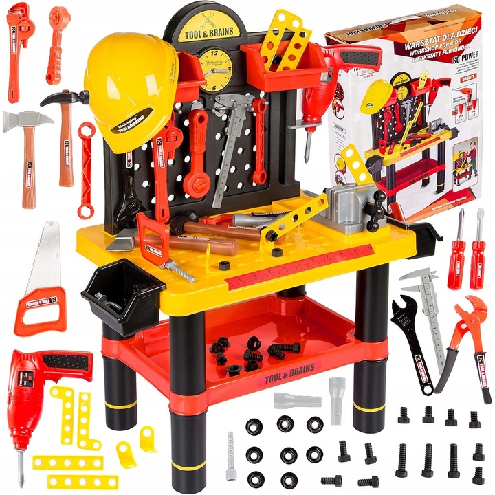 Set atelier pentru copii, 50 de elemente, cu bormasina si casca, 58x33x68cm, multicolor