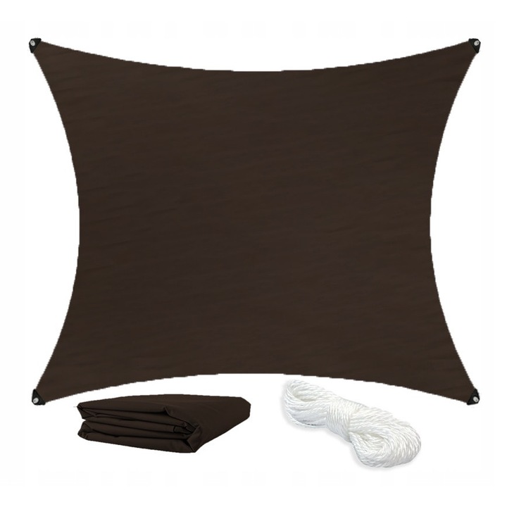 Prelata de soare dreptunghiulara 3x4m, maro, material poliester si inox, set cu snur de montaj