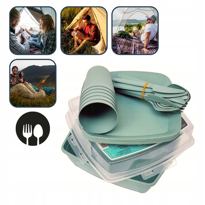 Set picnic camping 6 persoane, 32 elemente, verde, cu cutie de transport