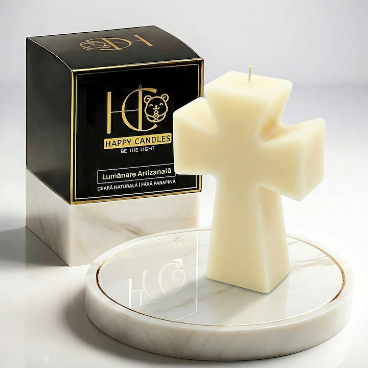 Свещ от естествен пчелен восък, Happy Candles, Кръст на надеждата, слонова кост, ръчно изработена, Великден, 85гр
