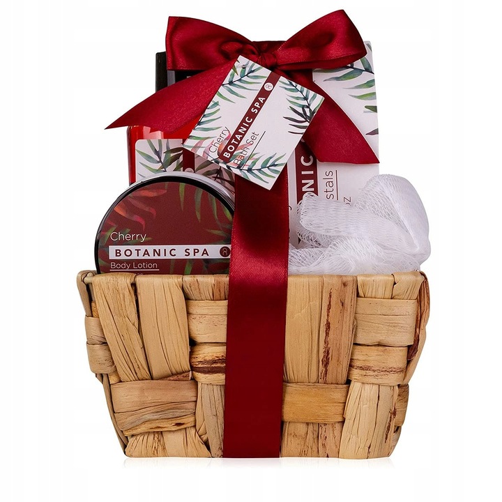 Set cadou Cherry Spa in cos, Accentra, gel de dus 150ml, lotiune corporala 60ml, sare de baie 150g, 15x21x9cm
